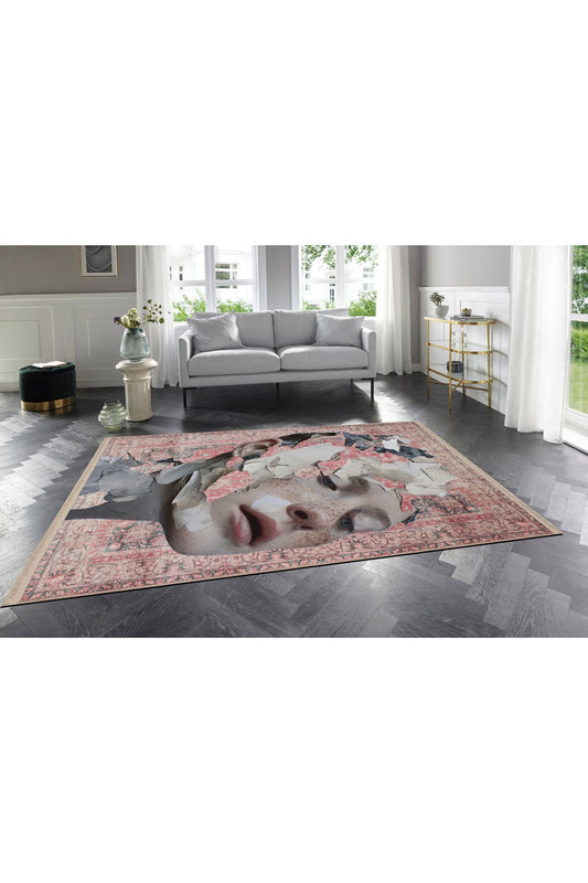 Halı Vagonu 169 Kırmızı Vintage Kadın Silüeti Figürlü Modern Dokuma Taban Halı