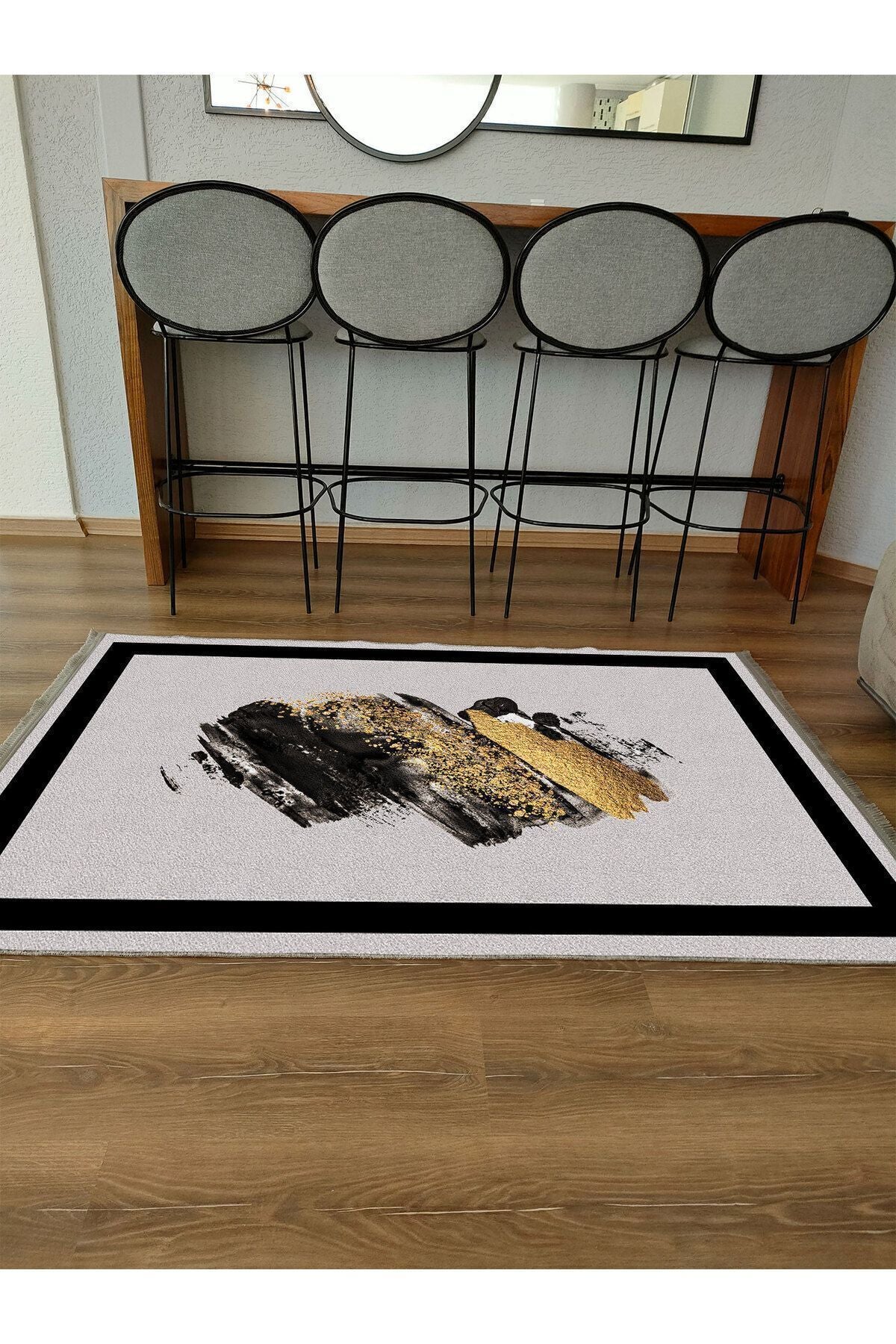 Halı Vagonu 2076 Gri Ve Siyah Tonlarında Fırça Darbeleri Desen Kaymaz Taban Dekoratif Halı