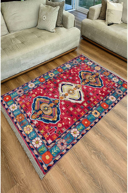 Halı Vagonu111 Etnik Anadolu Halısı Dekoratif Salon Halısı Saçaklı Yıkanabilen Halı