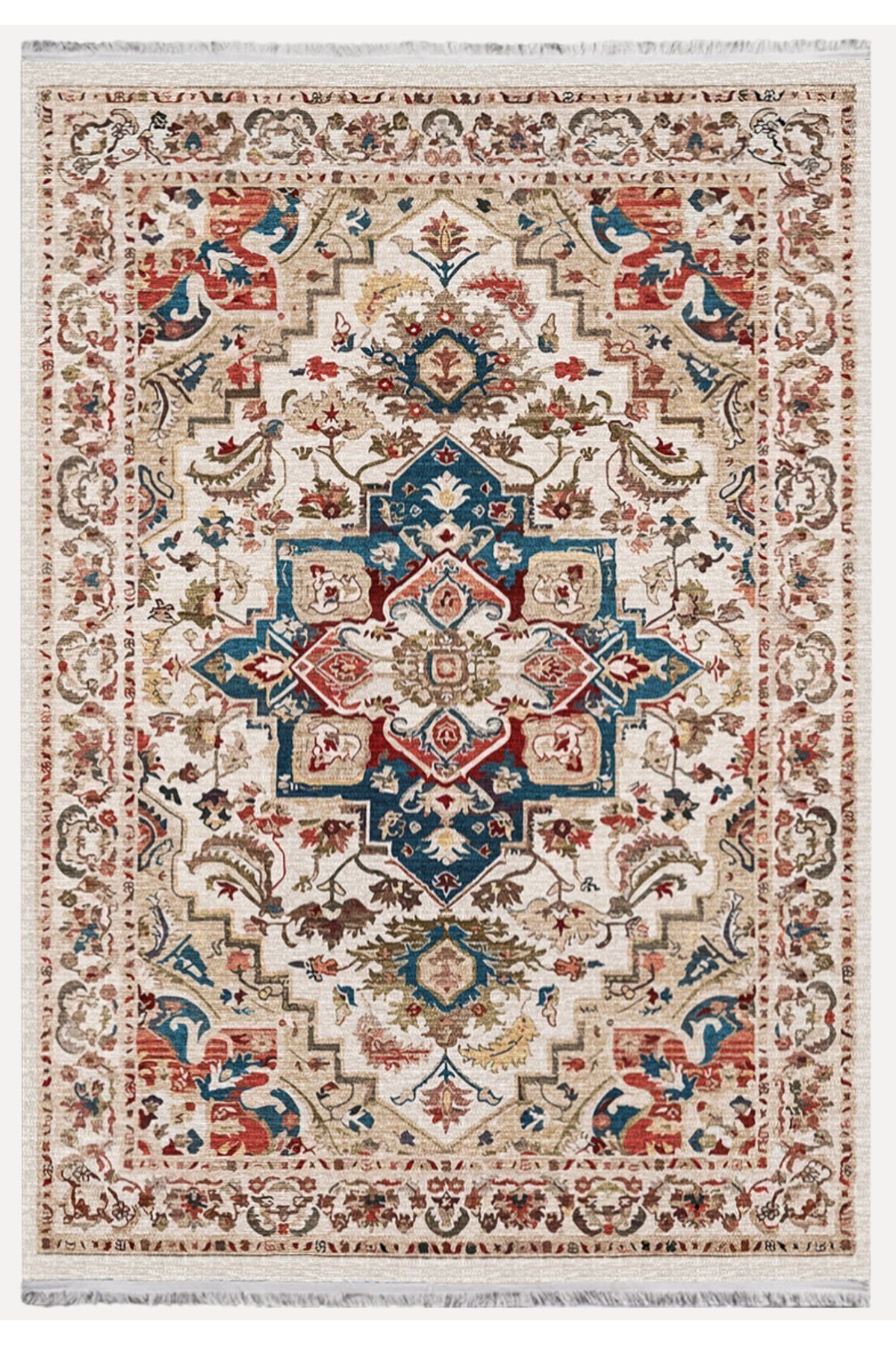 Halı Vagonu 2178 Krem Ve Bej Tonlarında Vintage Modern Saçaklı Yıkanabilen Dekoratif Halı