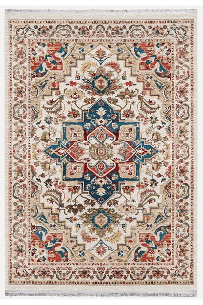 Halı Vagonu 2178 Krem Ve Bej Tonlarında Vintage Modern Saçaklı Yıkanabilen Dekoratif Halı