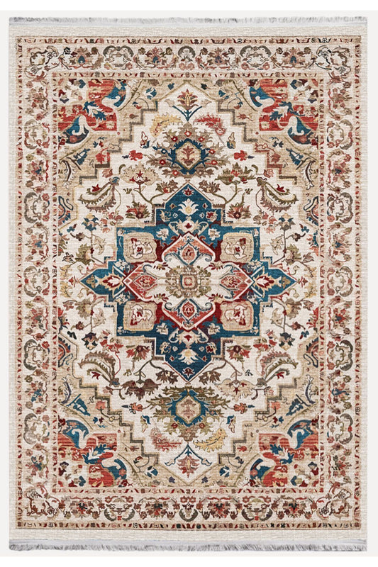 Halı Vagonu 2178 Krem Ve Bej Tonlarında Vintage Modern Saçaklı Yıkanabilen Dekoratif Halı