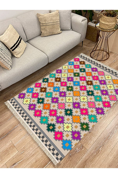 Cotton Serisi Multy Tonlarında Geometrik Baklava Desen Dekoratif Dokuma Taban Kilim