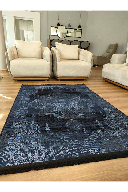 Halı Vagonu Serisi Lacivert Eskitme Antika Desen Kaymaz Taban Şönil Halı