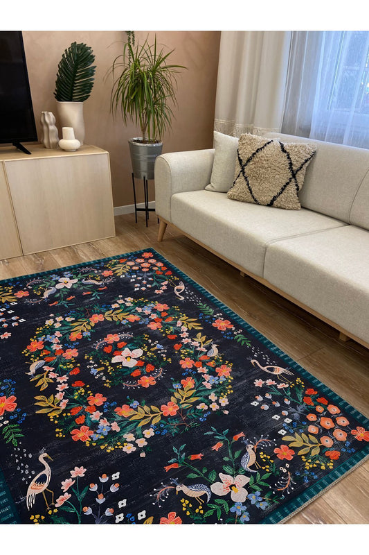 HV  61 Modern Stil Lacivert Tonda HV  Halı Ve Kilim Salon Halısı Saçaklı Yıkanabilen Halı