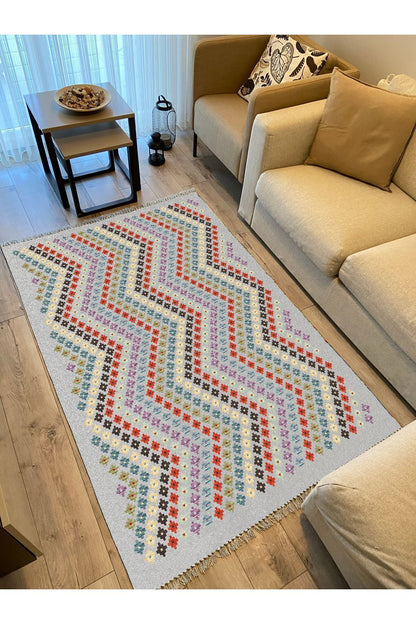 Cotton Kilim 45 Gri Zeminli Geneleksel Motifler Modern Dekoratif Yıkanabilen Dokuma T Kilim