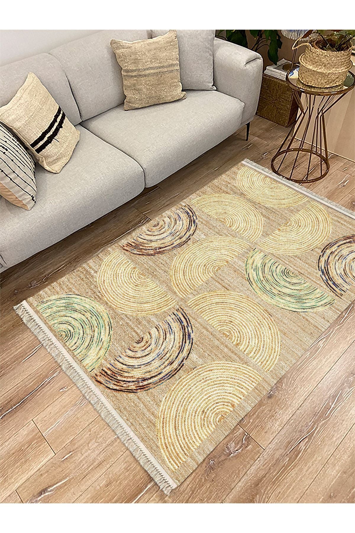 Cotton Serisi Hasır Görünümlü Yarım Daire Görünümlü Modern Desen Dekoratif Dokuma Taban Kilim