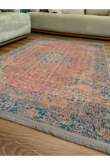 Halı Vagonu Serisi Mavi Ve Kahve Tonlarında Eskitme Otantik Desen Kaymaz Taban Şönil Halı