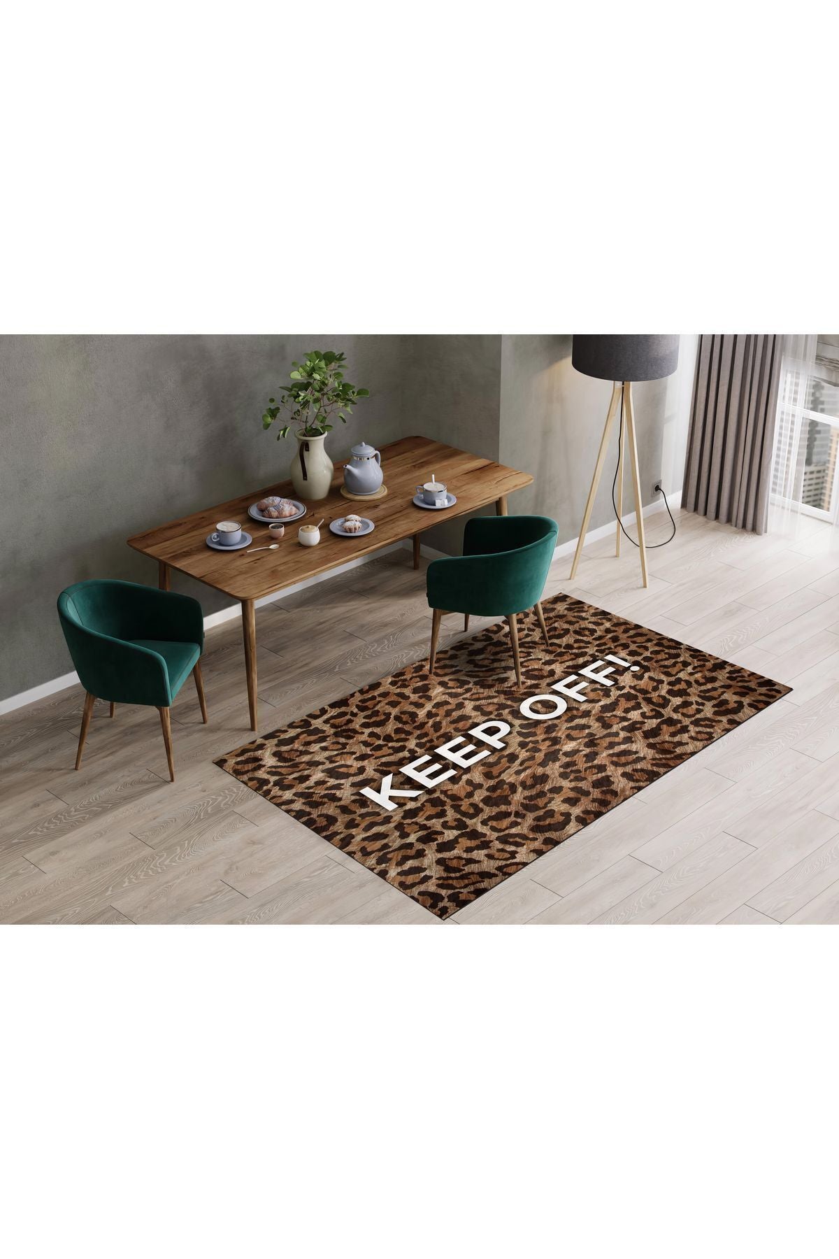 Halı Vagonu 146 Leopar Keep Off Yazılı Modern Dokuma Taban Halı