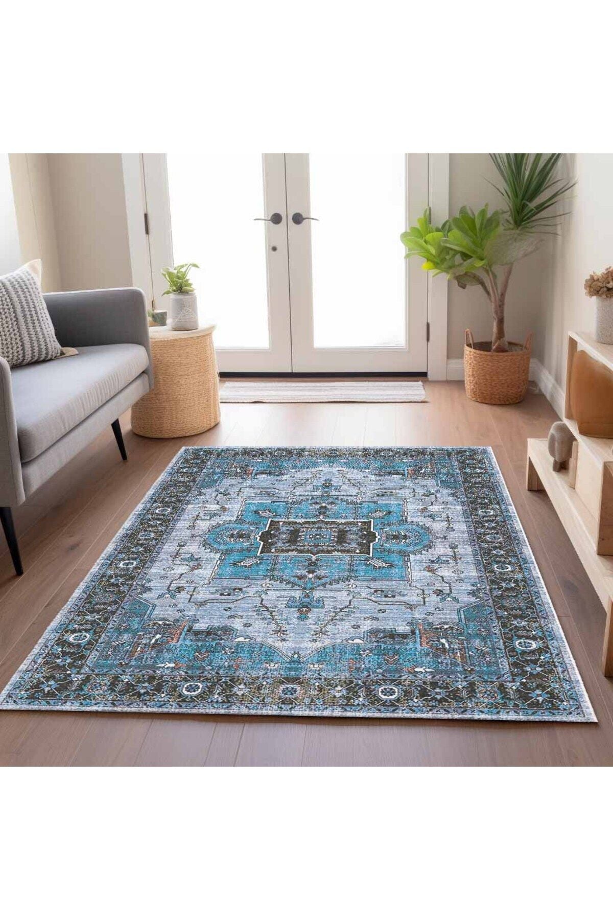 Halı Vagonu 2251 Mavi Bordürlü Modern Yıkanabilen Dokuma Taban Dekoratif Halı