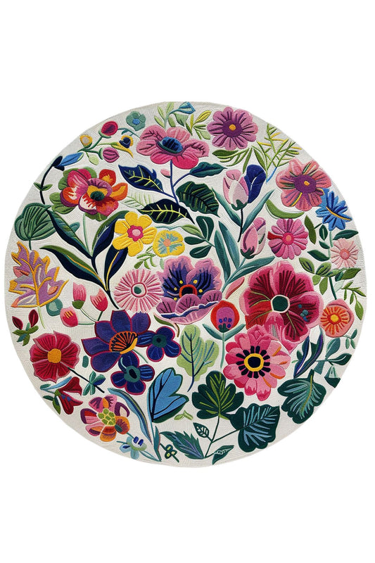 Halı Vagonu 202 Beyaz Renkli Çiçekli Yuvarlak Dokuma Taban Salon Halısı