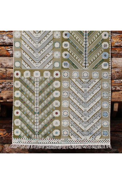 Cotton Kilim 3 Yeşil Tonunda Geometrik Desenli Dekoratif Yıkanabilen Dokuma Taban Kilim