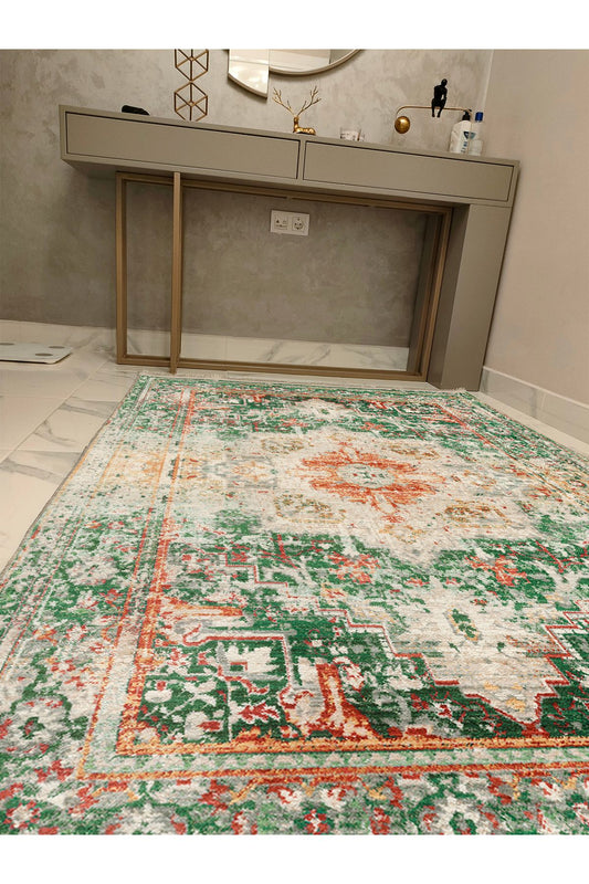 Halı Vagonu Yeşil Tonlarında Etnik Eskitme Pamuk  Dokuma Taban Halı E38