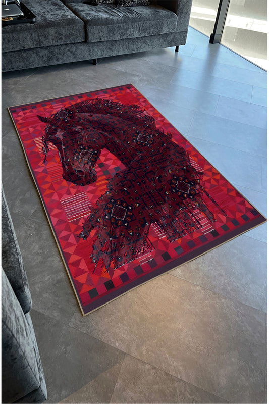 Halı Vagonu124 Etnik Anadolu Halı Üzerine Desenlı At Dekoratif Salon Halısı Saçaklı Yıkanabilen Halı