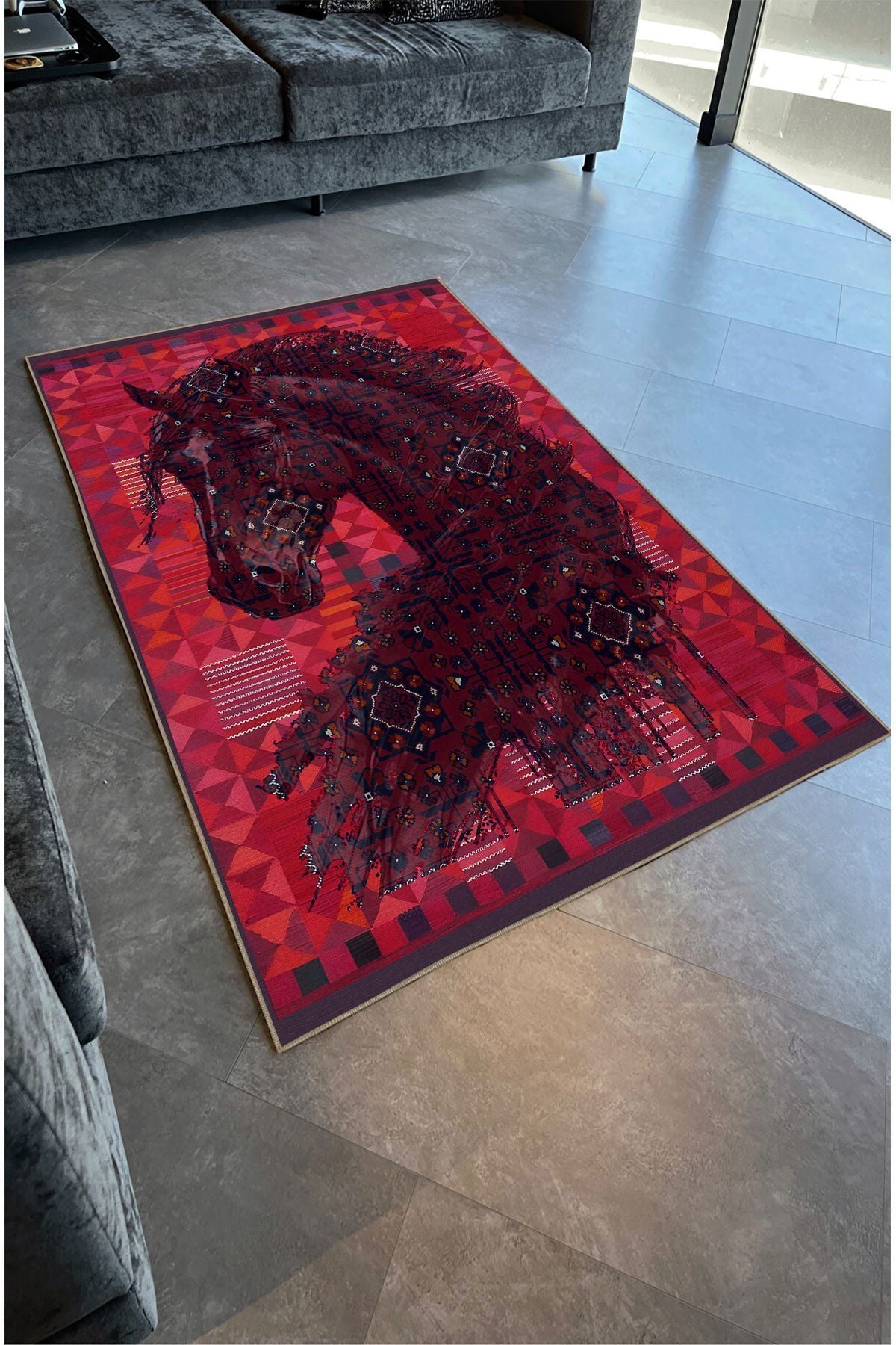 Halı Vagonu124 Etnik Anadolu Halı Üzerine Desenlı At Dekoratif Salon Halısı Saçaklı Yıkanabilen Halı