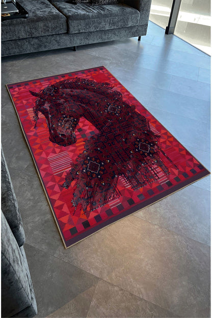 Halı Vagonu124 Etnik Anadolu Halı Üzerine Desenlı At Dekoratif Salon Halısı Saçaklı Yıkanabilen Halı