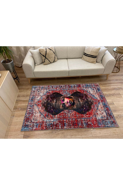 HV 126 Etnik Anadolu Halı Üzerine Kadın Suratı Dekoratif Salon Halısı Saçaklı Yıkanabilen Halı