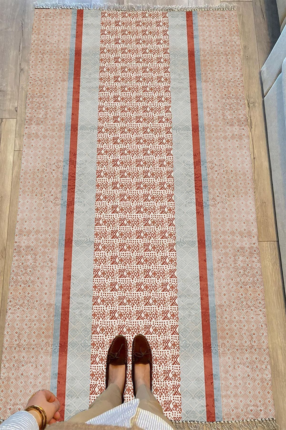 Cotton Serisi Kahve Tonlarında Eskitme Etnik Çizgi Desenli Dekoratif Dokuma Taban Kilim