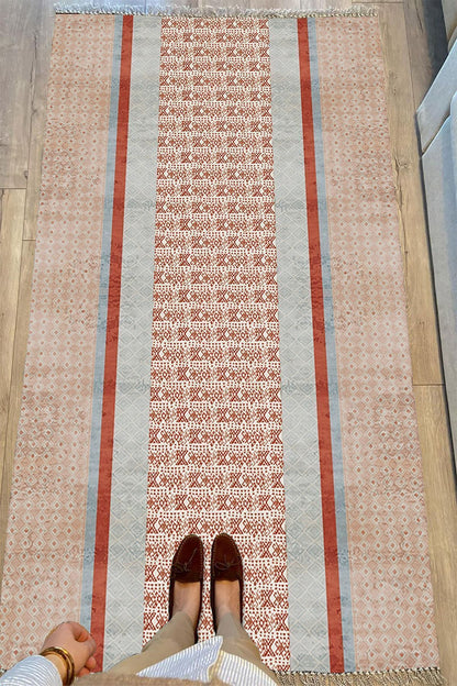 Cotton Serisi Kahve Tonlarında Eskitme Etnik Çizgi Desenli Dekoratif Dokuma Taban Kilim