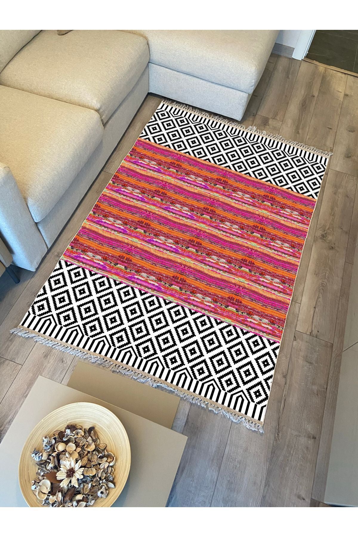Cotton Kilim 53 Multy Geleneksel Motifler Modern Dekoratif Saçaklı Yıkanabilen Dokuma Kilim
