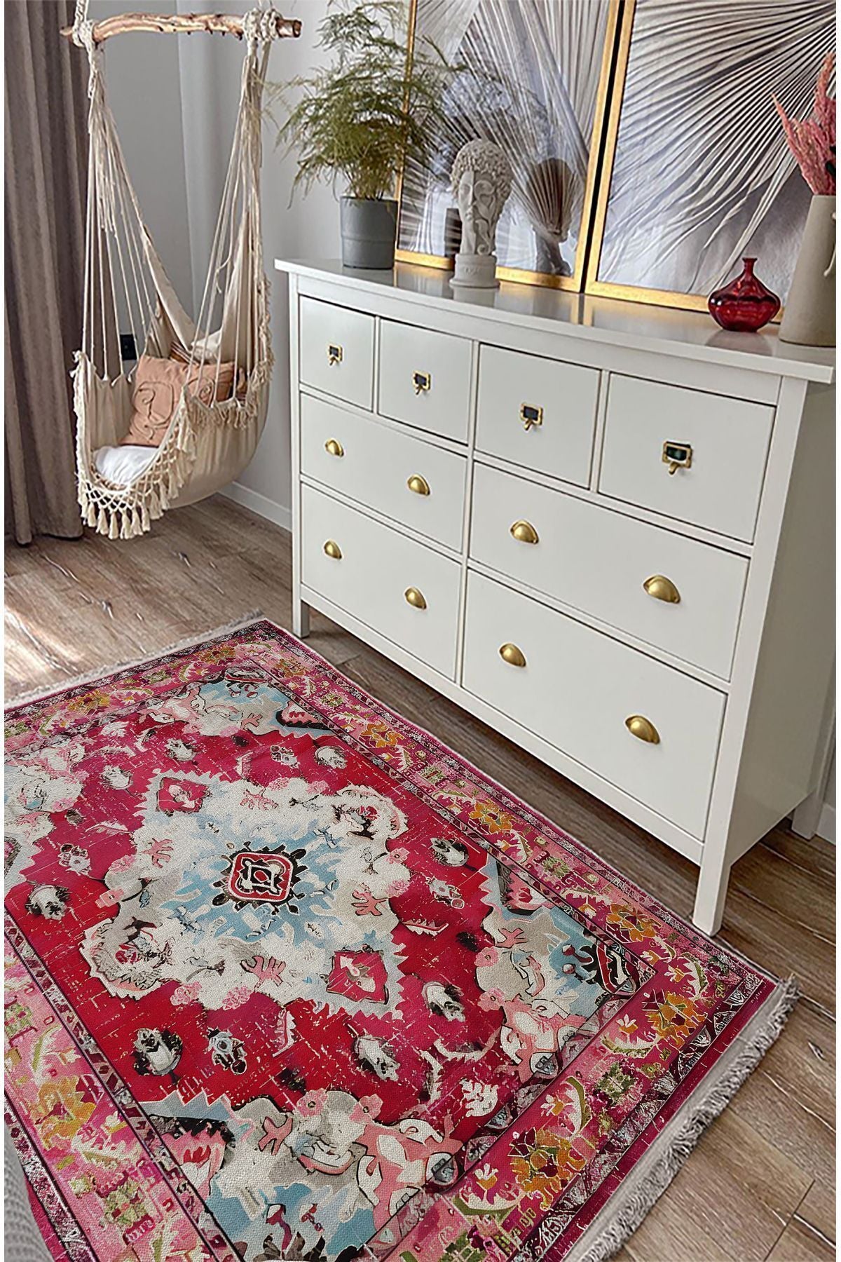 Halı Vagonu Halı98 Fuşya Tonlarında Klasık Dekoratif Halı Salon Halısı Saçaklı Yıkanabilen Halı