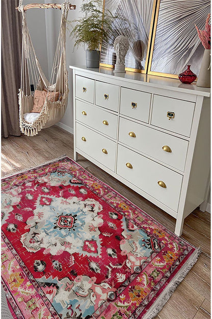 Halı Vagonu Halı98 Fuşya Tonlarında Klasık Dekoratif Halı Salon Halısı Saçaklı Yıkanabilen Halı