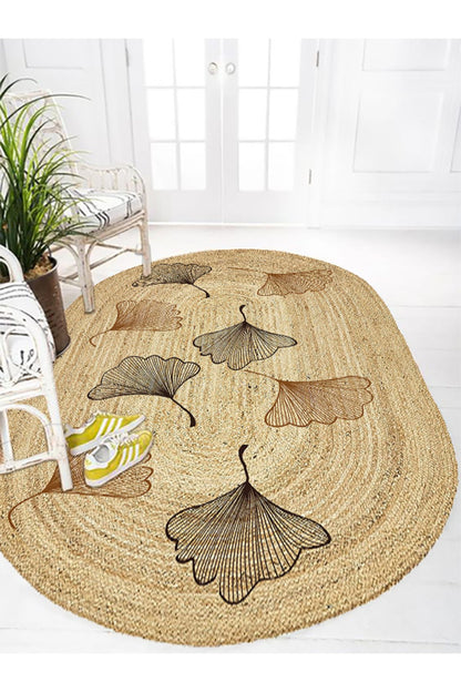 Boho 982 Oval Siyah Yel Motifli Etnik Desenli Jüt Rengi Örgü Yuvarlak Natural Çift Taraflı Halı