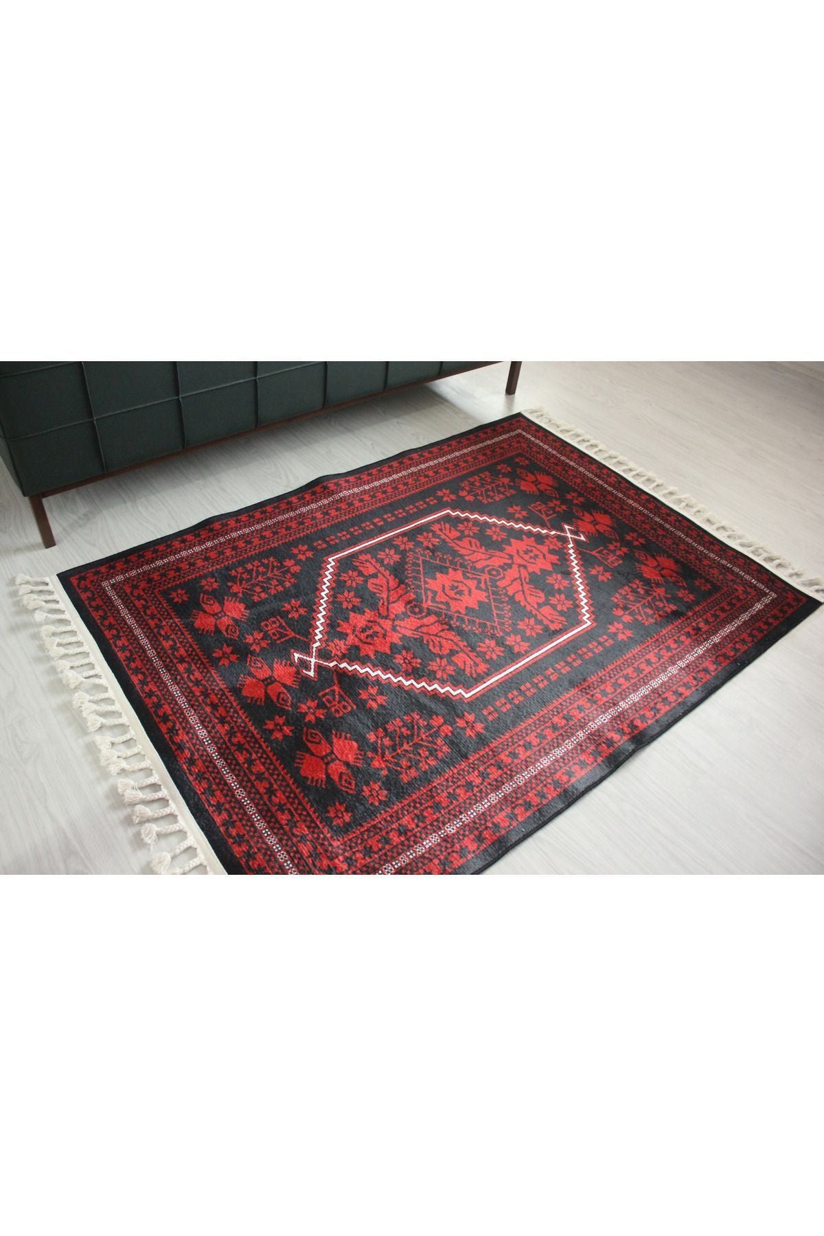 Halı Vagonu 2009 Kırmızı Siyah Bordürlü Etnik Vintage Görünüm Dokuma Taban Halı