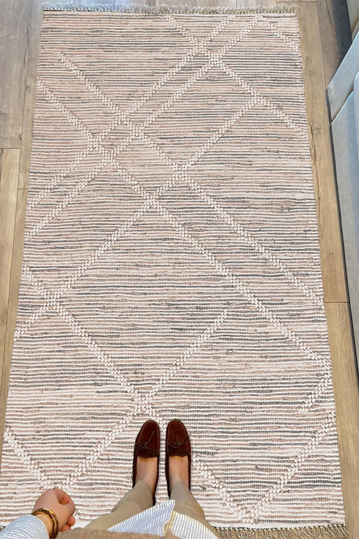 Cotton Serisi Gri Tonlarında Hasır Çizgileri Eskitme Desen Dekoratif Dokuma Taban Kilim