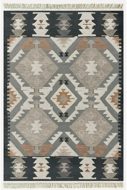Cotton Kilim 16 Gri Zeminli Çizgili Desenli Dekoratif Yıkanabilen Dokuma Taban Kilim