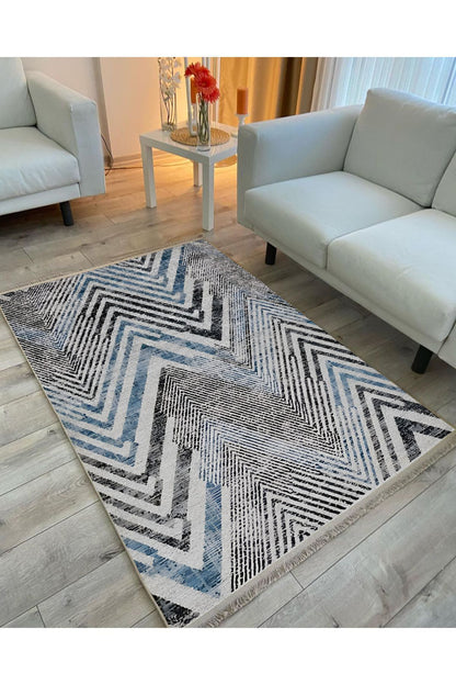 Halı Vagonu 101 Mavi Zigzag Çizgili Dekoratif Halı Saçaklı Halı