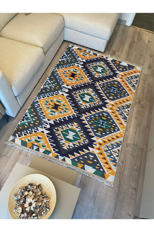 Cotton kilim Hardal Tonunda Geometrik Desenli Dekoratif Yıkanabilen Dokuma Taban Kilim