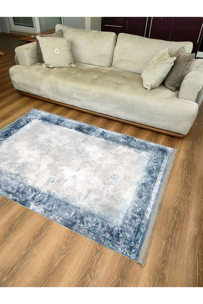 Halı Vagonu Serisi Mavi Krem Tonlarında Etnik Geometrik Desen Kaymaz Taban Şönil Halı