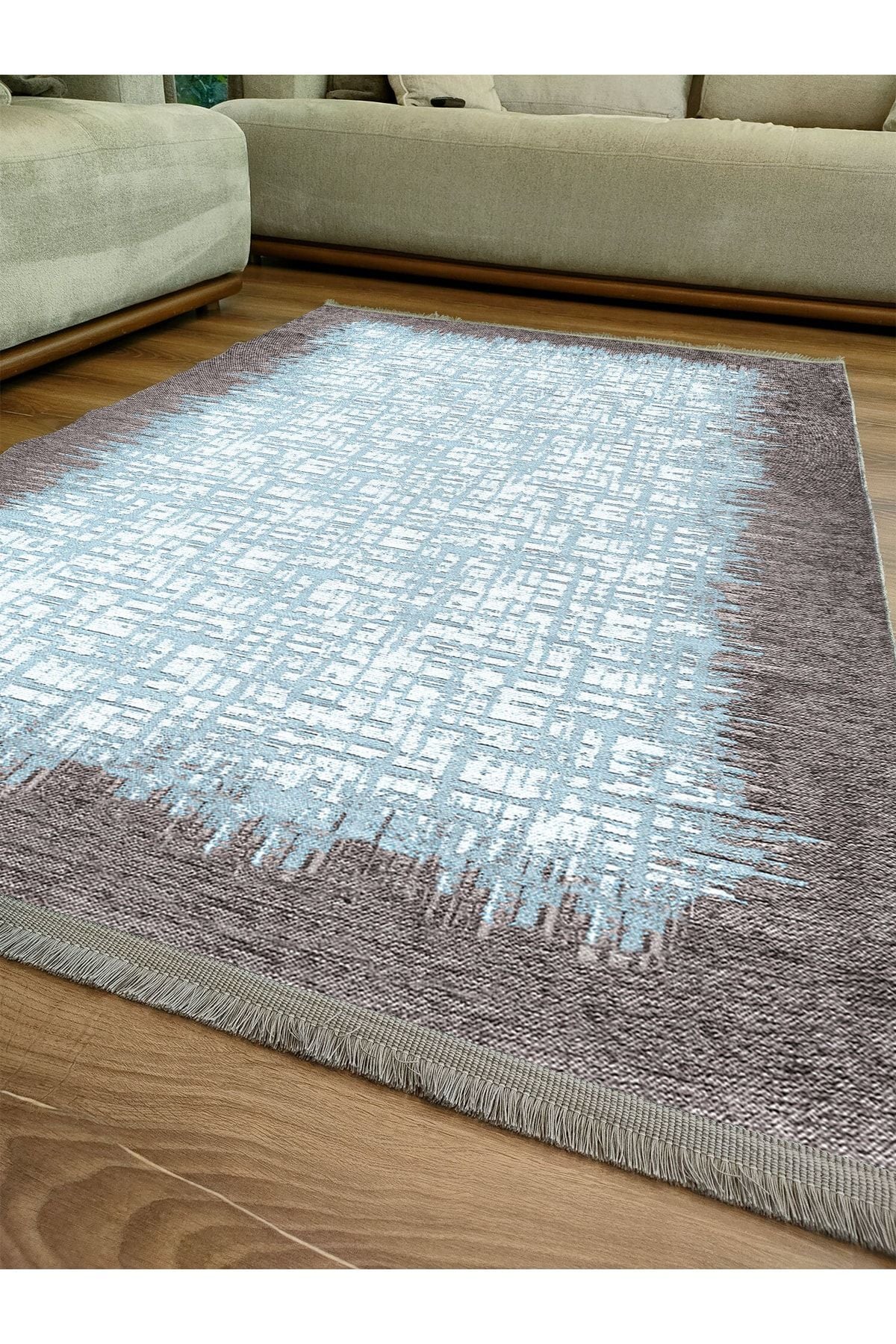 Halı Vagonu Serisi Mavi Tonlarında Çerçeveli Etnik Desen Kaymaz Taban Şönil Halı