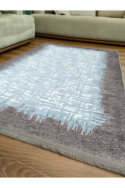 Halı Vagonu Serisi Mavi Tonlarında Çerçeveli Etnik Desen Kaymaz Taban Şönil Halı