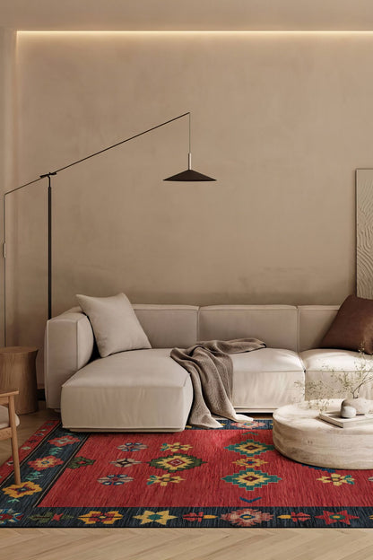 Kırmızı Etnik Desenli Vintage Modern Salon Halısı Mutfak Halısı Yolluk Otantik Halı Halı Vagonu 223