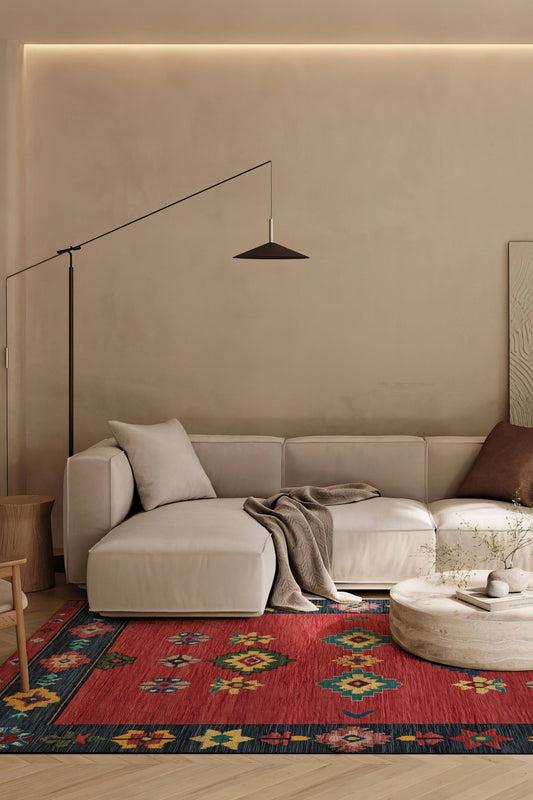 Kırmızı Etnik Desenli Vintage Modern Salon Halısı Mutfak Halısı Yolluk Otantik Halı Halı Vagonu 223