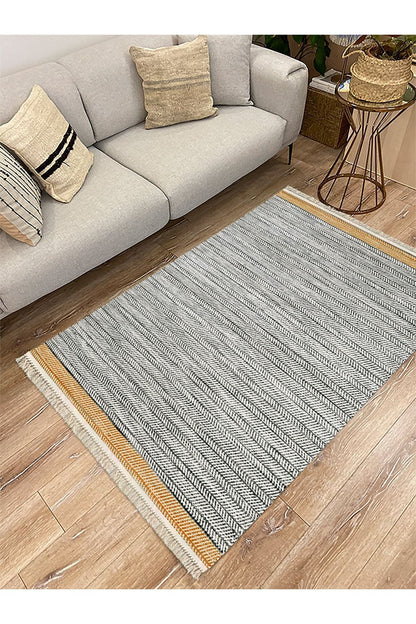 Cotton Serisi Hardal Gri Tonlarında Örgü Görümlü Otantik Dekoratif Dokuma Taban Kilim