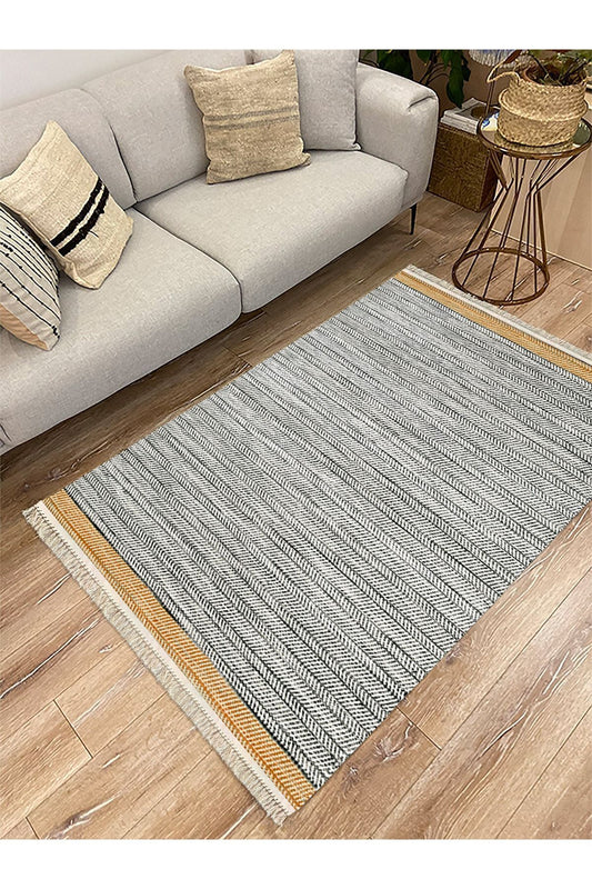 Cotton Serisi Hardal Gri Tonlarında Örgü Görümlü Otantik Dekoratif Dokuma Taban Kilim