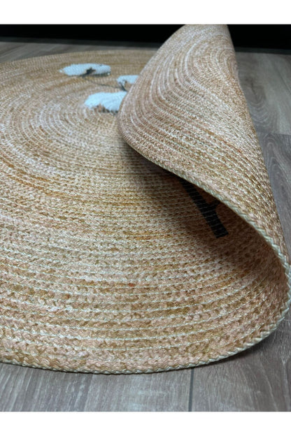 Boho 945 Home Sweet Home Temalı Etnik Desenli Oval Jüt Örme Doğal Hasır Kilim Daire Halı