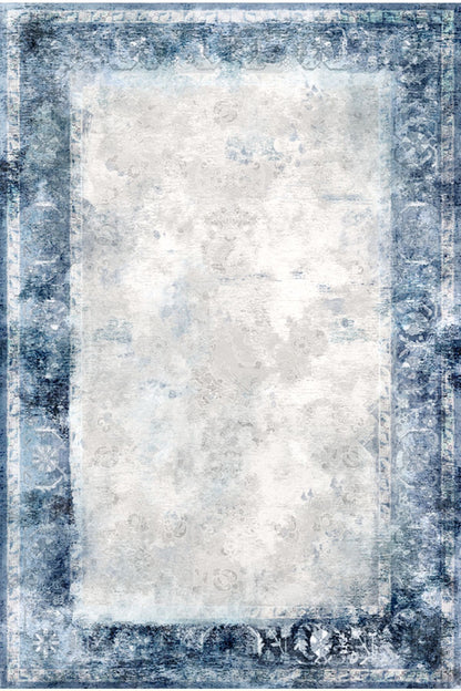 Halı Vagonu 2068 Mavi Çerçeve Desenli Yıkanabilir Kaymaz Salon Halısı, Koridor Ve Mutfak Halısı