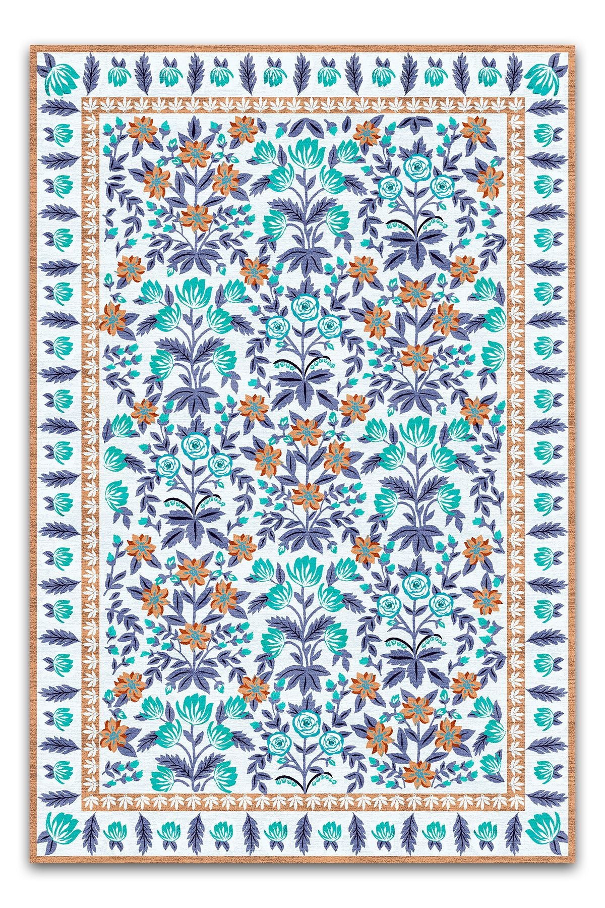 Halı Vagonu 192 Mor Turkuaz Çiçeksi Pastel Modern Dokuma Taban Halı