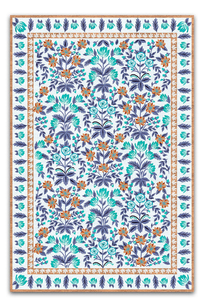 Halı Vagonu 192 Mor Turkuaz Çiçeksi Pastel Modern Dokuma Taban Halı