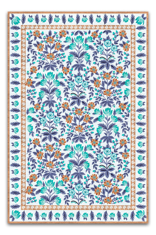 Halı Vagonu 192 Mor Turkuaz Çiçeksi Pastel Modern Dokuma Taban Halı