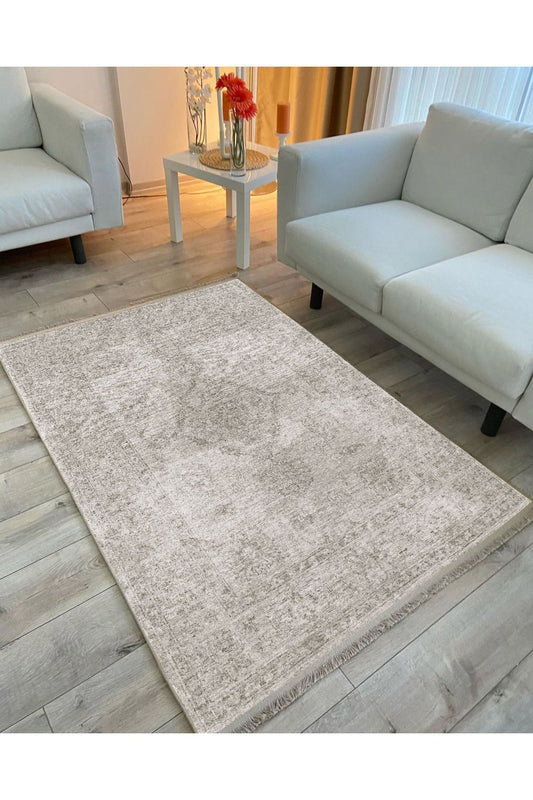 Halı Vagonu 2028 Bej Renkli Klasik Desenli Yıkanabilir Kaymaz Salon Halısı, Koridor Ve Mutfak Halısı