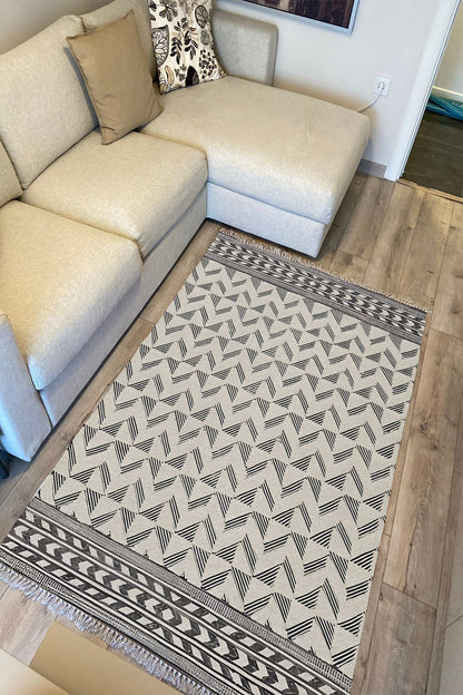 Cotton Kilim 14 Gri Zeminli Çizgili Desenli Dekoratif Yıkanabilen Dokuma Taban Kilim