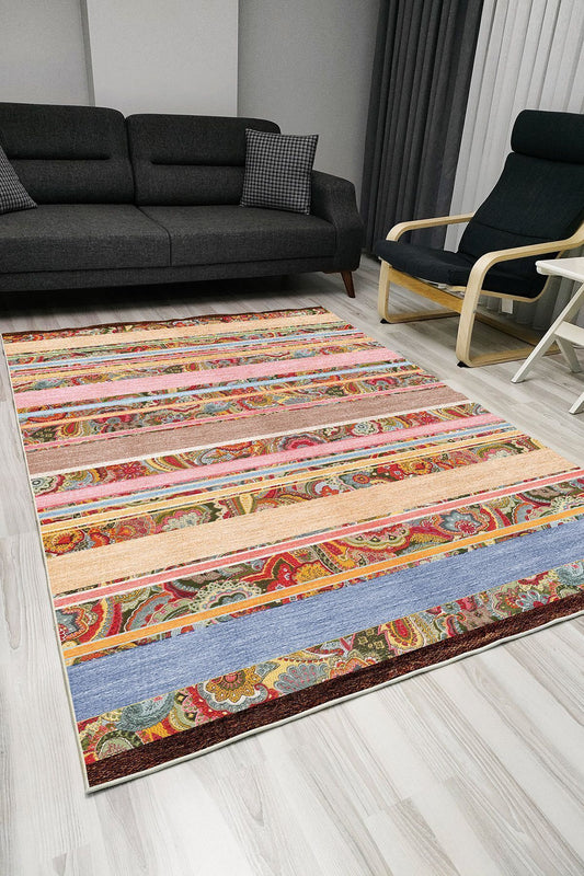 Halı Vagonu 1010 Multy Tonlarında Etnik Dekoratif Kaymaz Taban Halı