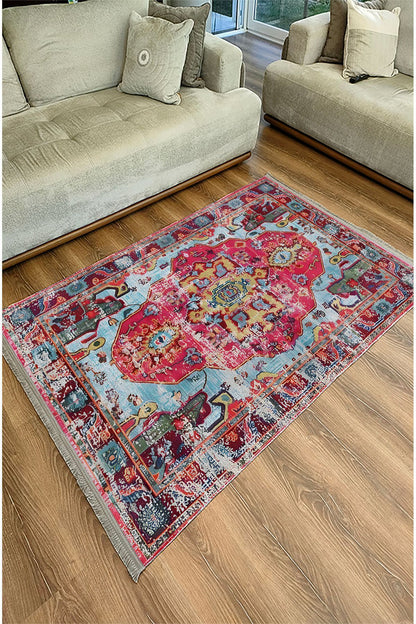 Halı Vagonu 91 Fuşya Tonlarında Klasık Dekoratif Salon Halısı Saçaklı Yıkanabilen Dekoratif Halı