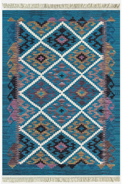 Cotton Kilim 60 Mavi Geleneksel Motifler Modern Dekoratif Saçaklı Yıkanabilen Dokuma Kilim