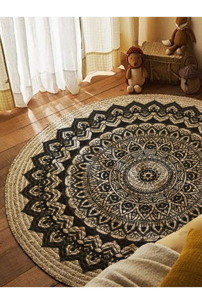 Boho 900 Mandala Desenli Etnik Örgü Yuvarlak Natural Çift Taraflı Halı'nın iki tarafı, kullanılabilirlik avantajları ve jüt ipliğin doğal görünümünü gösteriyor.